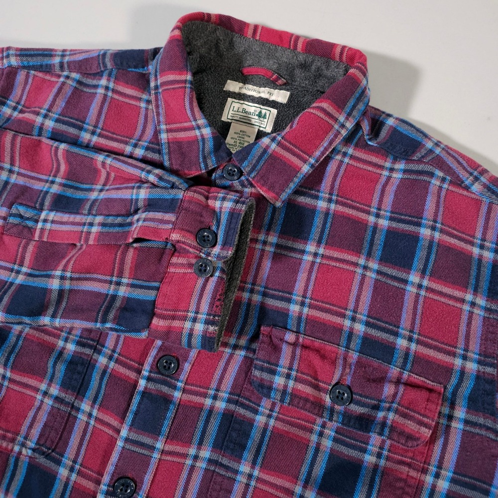 LL Bean Flannel Shirt Jacket Mens XL Red Plaid Fleece Lined Traditional Fit‎